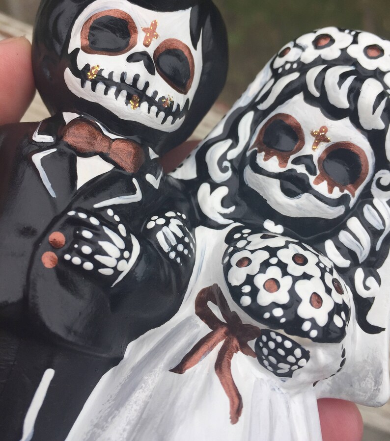 Day of the Dead hand painted ceramic wedding cake topper image 1