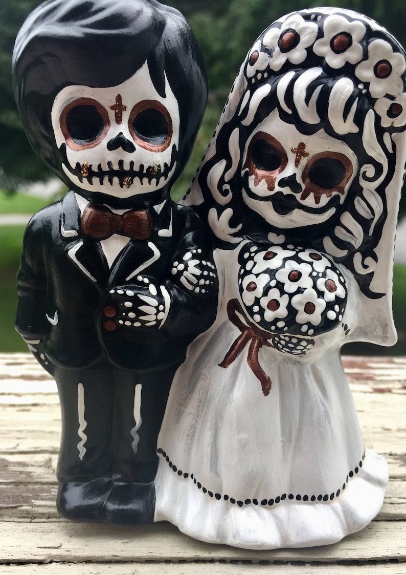 Day of the Dead hand painted ceramic wedding cake topper image 2