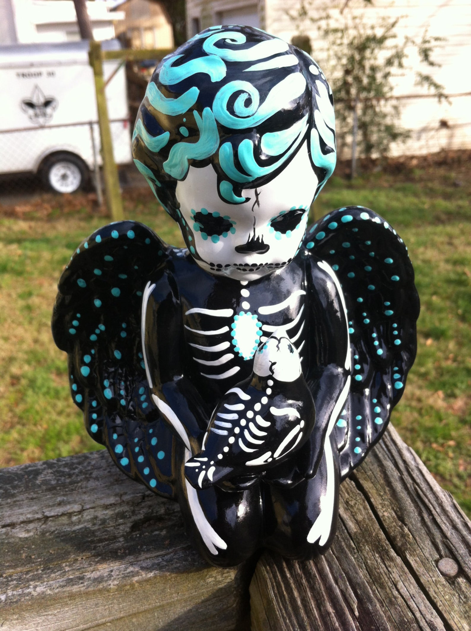 RESERVED Day of the dead cherub angel and skeleton bird | Etsy