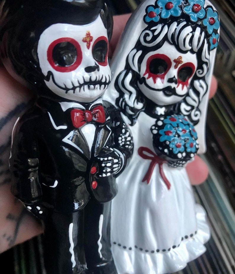 Day of the Dead hand painted ceramic wedding cake topper image 5