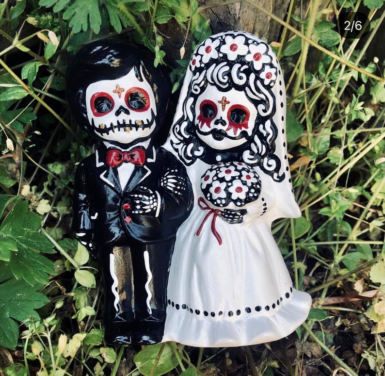 Day of the Dead hand painted ceramic wedding cake topper image 9