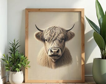 Highland Cow Nursery Print | Neutral Farm Animal Art (Digital Download)