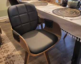 Zestaw 2 obrotowych krzeseł do jadalni w stylu Mid Century Modern z drewna giętego i skóry ekologicznej z orzecha włoskiego, krzesła do kuchni i restauracji