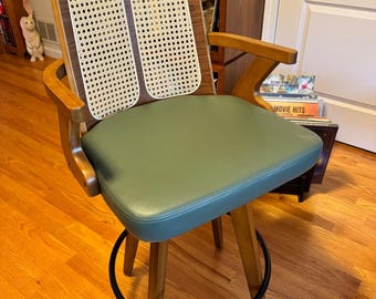 Mid Century Rattan Bar Stools with Walnut Finish and Swivel Seat
