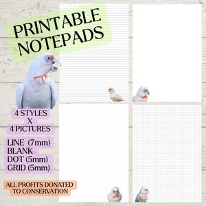 May include: Printable notepads with four styles: lined (7mm), blank, dotted (5mm), and grid (5mm). Each notepad features a different image of a white parrot. The text "Printable Notepads" is at the top. All profits donated to conservation.