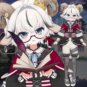 May include: An anime-style character with white hair, glasses, and ram horns, wearing a red and black outfit, holding a book and quill. The image includes the text "10+ Toggles" and a background of a building and gate.