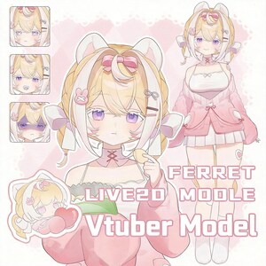 May include: A digital illustration of a blonde anime character with purple eyes, wearing a pink jacket and white top. The character has ferret-like ears and is shown in multiple expressions. Text reads FERRET LIVE2D MOODLE Vtuber Model.