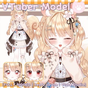 May include: A digital illustration of a VTuber model with long, wavy blonde hair and a squirrel tail. The model wears a cream-coloured dress with a black and white apron. The image includes the text "VTuber Model" and "FULLY RIGGED | Ready to use | Vtube Studio."