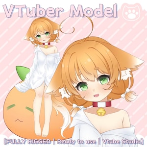 May include: Digital illustration of a VTuber model with orange hair, green eyes, and a red collar with a gold bell. The model is wearing a white shirt and is posed with a large orange creature. Text reads "VTuber Model" and "FULLY RIGGED | Ready to use | Vtube Studio."