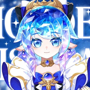May include: An anime-style character with a large blue gem-like head, wearing a blue and white outfit with gold accents. The background is a dark blue gradient with white stars and the words "MODEL DISPLAY" in white.