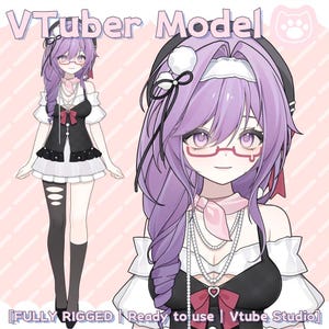 Puede incluir: Ilustración digital de un modelo VTuber con cabello lavanda, gafas y un atuendo en blanco y negro. La imagen incluye el texto "VTuber Model", "FULLY RIGGED", "Ready to use" y "Vtube Studio".
