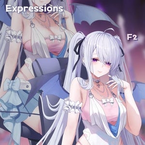 Op de afbeelding: Anime-stijl illustratie van een vrouw met lang, vloeiend zilver haar en paarse ogen. Ze draagt een roze en witte outfit met een strik en meerdere kettingen. De afbeelding bevat de tekst "Expressions" en "F2".