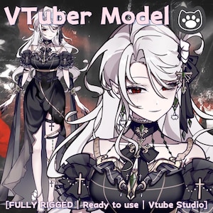 Puede incluir: Una ilustración digital de un modelo VTuber que muestra un personaje de pelo blanco largo y ojos rojos. El personaje viste un vestido negro de hombros descubiertos con motivos de cruces, volantes y un dobladillo asimétrico. Texto: VTuber Model.