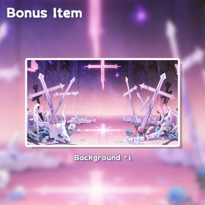 Op de afbeelding: Een digitale achtergrondafbeelding met een gotisch thema. De afbeelding toont een kruisontwerp met een paars en roze kleurenschema. De woorden "Bonus Item" en "Background *1" zijn zichtbaar in de afbeelding.