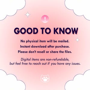 Op de afbeelding: Een roze achtergrond met witte wolken en sterrenaccenten. De tekst "GOOD TO KNOW" is donkerpaars. Extra tekst legt uit dat digitale items niet-restitueerbaar zijn, maar dat er wel ondersteuning beschikbaar is.