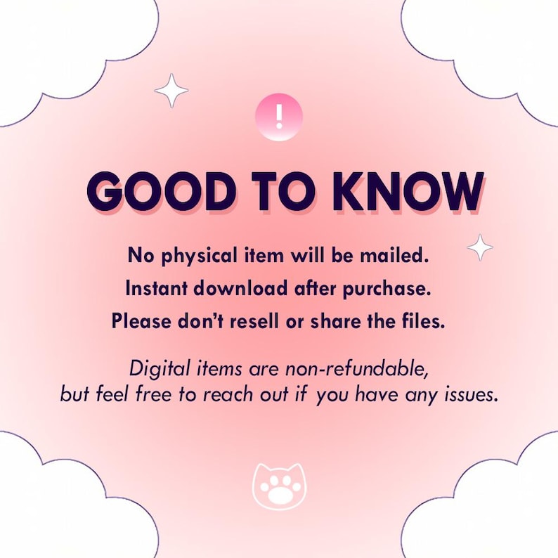 Op de afbeelding: Een roze achtergrond met witte wolken en sterrenaccenten. De tekst "GOOD TO KNOW" is donkerpaars. Extra tekst legt uit dat digitale items niet-restitueerbaar zijn, maar dat er wel ondersteuning beschikbaar is.
