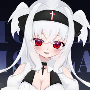May include: Anime-style illustration of a character with white hair, red eyes, and a black headband with a red cross. The character wears a black and white outfit with a cross pendant. The background has the words "MODEL DISPLAY".