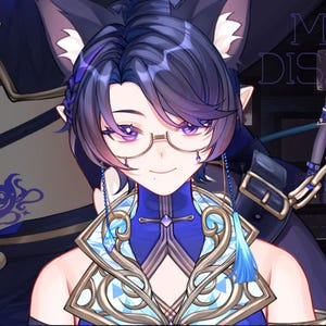 May include: An anime-style character with purple hair, glasses, and cat ears. The character wears a blue and gold outfit with a key pendant. A second character in a similar outfit is also shown. The words "MODEL DISPLAY" are visible.