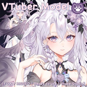 Op de afbeelding: Digitale illustratie van een VTuber-model met lang wit haar en paarse ogen. Het model draagt een zwart-witte outfit met bloemendetails. De tekst "VTuber Model" staat bovenaan en "FULLY RIGGED | Ready to use | Vtube Studio" onderaan.