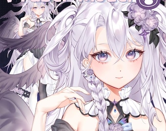 May include: Digital art of a VTuber model with long, flowing white hair and purple eyes. The model is wearing a black and white outfit with decorative floral accents. Text at the top reads "VTuber Model," and at the bottom, "FULLY RIGGED | Ready to use | Vtube Studio."
