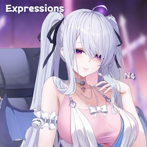 Op de afbeelding: Anime-stijl illustratie van een vrouw met lang, zilver haar gestyled in staartjes met zwarte linten. Ze draagt een roze top met een witte strik en gelaagde kettingen. De afbeelding bevat de tekst "Expressions" en "N4".