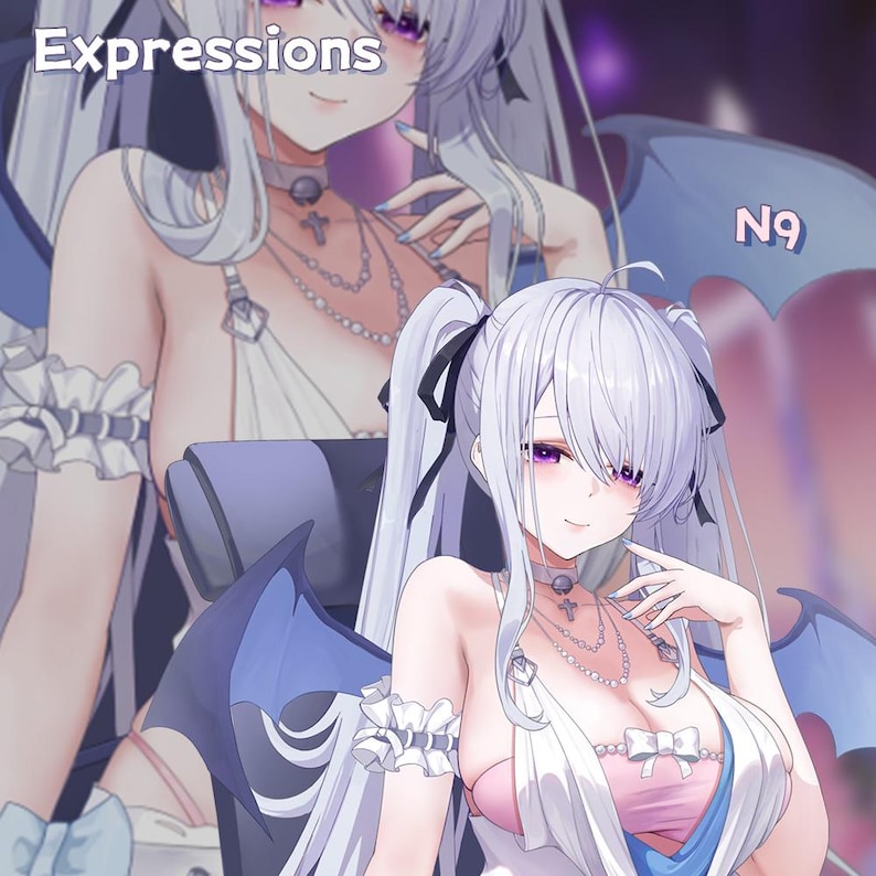 Op de afbeelding: Anime-stijl illustratie van een vrouw met lang, zilver haar en paarse ogen. Ze draagt een witte jurk met een roze top en blauwe accenten, een choker en meerdere kettingen. De afbeelding bevat de tekst "Expressions" en "N9".