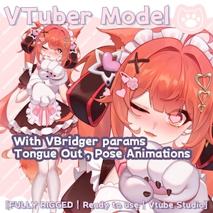 May include: A digital illustration of a VTuber model with red hair and fox-like ears, wearing a maid outfit. The image includes text that reads "VTuber Model" and "With VBridger params Tongue Out, Pose Animations."