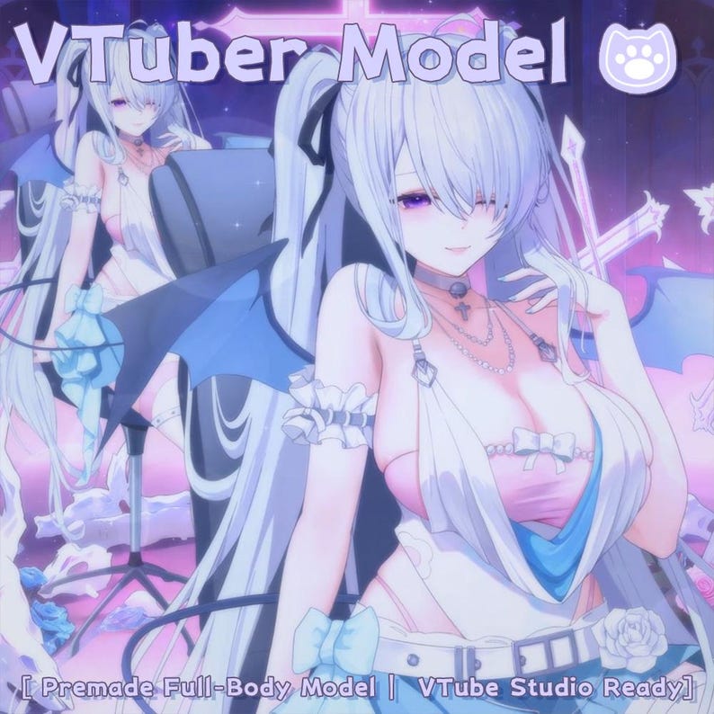 Op de afbeelding: Anime-stijl illustratie van een vrouwelijk personage met lang, licht haar en paarse ogen. Ze draagt een roze en witte outfit met blauwe accenten. De afbeelding bevat de tekst "VTuber Model" en "Premade Full-Body Model | VTuber Studio Ready".