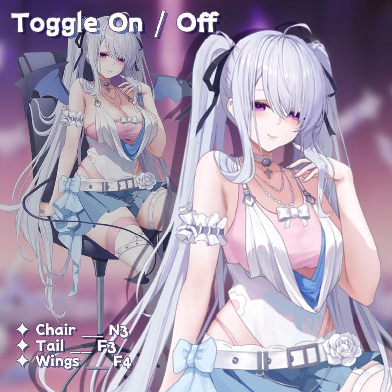 Op de afbeelding: Een anime-stijl illustratie van een personage met lang, zilver haar en paarse ogen. Het personage draagt een witte en roze top, een blauwe rok en accessoires. De tekst "Toggle On / Off" staat bovenaan. Extra tekst bevat "Chair N3", "Tail F3" en "Wings F4".