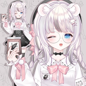 May include: Anime-style illustration of a girl with white hair, blue eyes, and round glasses. She wears a white top with a pink bow, black skirt, and a bear-ear headband. She holds a package with a seed design.