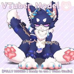 May include: A digital illustration of a stylized anthropomorphic fox character. The fox has dark blue fur with white accents, pink paw pads, and wears glasses and ornate jewelry. The text "VTuber Model" is at the top, with additional text at the bottom.