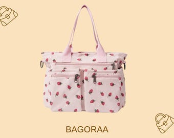 Large Corduroy Strawberry Tote Bag With Multiple Pockets Pink Shoulder Bag