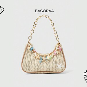 Bolso de Hombro de Paja Tejida a Mano con Conchas y Colgante de Estrella de Mar, Bolso de Playa
