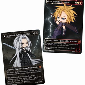Könnte beinhalten: Zwei Sammelkarten mit Illustrationen von Anime-Charakteren. Eine Karte zeigt einen Charakter mit stacheligen blonden Haaren, der ein Schwert hält, mit der Aufschrift "Cloud, Planet's Champion". Die andere zeigt einen Charakter mit langen silbernen Haaren, mit der Aufschrift "Sephiroth, Fabled Soldier."