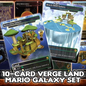 Puede incluir: Un conjunto de diez cartas coleccionables con ilustraciones coloridas de varias galaxias. Las cartas muestran ilustraciones detalladas de paisajes fantásticos. El texto "10-CARD VERGE LAND MARIO GALAXY SET" está en la parte inferior.