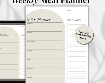 Weekly Meal Planner PDF Menu Planner Minimalist Weekly Food Journal Printable Meal prep Daily Planning Tracker Healthy Eating Diet Planner