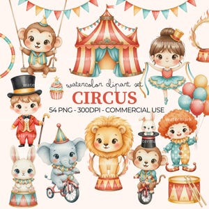 Puede incluir: Un conjunto de imágenes digitales en acuarela con temática de circo que incluye una carpa a rayas rojas y blancas, un mono en un columpio, un artista con tutú, un maestro de ceremonias, un león, un elefante en triciclo, un payaso y un conejo.