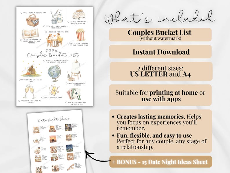 Couples Bucket List Printable With Bonus Date Night Ideas Dating Goal ...