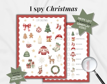 Christmas I Spy Printable for Kids Holiday I Spy Party Game Winter Classroom Activity Aesthetic Preschool Game Word Learning Seek and Find