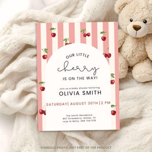 May include: Baby shower invitation with a pink and white striped background, featuring cherries and the text "OUR LITTLE CHERRY IS ON THE WAY!" The invitation is for Olivia Smith, with the date and time listed.