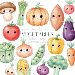 Könnte beinhalten: Aquarell-Clip-Art-Set mit verschiedenen Gemüsesorten mit niedlichen, lächelnden Gesichtern. Enthält einen Pilz, Spargel, Kürbis, Süßkartoffel, Radieschen, Tomate, Aubergine, Kohl, Zwiebel, Erbsen, Mais, Paprika, Brokkoli, Karotte, Knoblauch und Rote Bete.