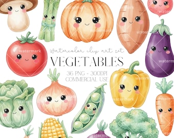 水彩野菜クリップアートPNG野菜クリップアートセットキッチンウォールアート、ヘルシーフードクリップアート、リアル、即時ダウンロード、商用利用可