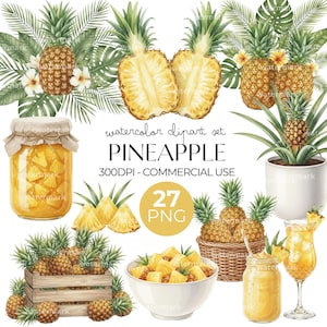 Könnte beinhalten: Ein Aquarell-ClipArt-Set mit Ananas, einschließlich ganzer und geschnittener Früchte, einem Glas mit Ananasstücken, einer Topfpflanze, einer Holzkiste mit Ananas, einer Obstschale, einem Glas Saft und einem Smoothie mit Text.
