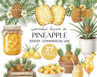 Pineapple Clipart Watercolor PNG bundle, Tropical Fruit Clipart, Realistic Pineapple PNG Bundle, Wall Art, Instant Download, Commercial Use