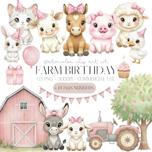 Puede incluir: Conjunto de imágenes prediseñadas de acuarela con animales de granja, incluyendo un gato, un conejo, una vaca, un burro, un cerdo, una oveja y un pato, todos adornados con sombreros de fiesta y lazos. La imagen incluye un granero rosa, un tractor y el texto "FARM BIRTHDAY".