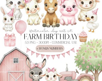 Rose ferme anniversaire Clipart aquarelle chiffres anniversaire fille basse-cour PNG Téléchargement instantané usage commercial, vache grange tracteur cheval cochon mouton