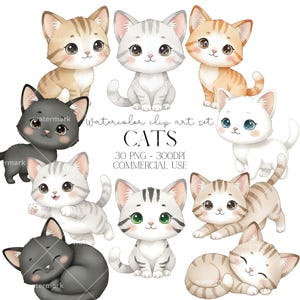 Może przedstawiać: Zbiór akwarelowych ilustracji kotów w różnych pozach i kolorach, w tym szarym, pomarańczowym i czarnym. Obraz zawiera tekst "CATS" i "Watercolor clip art set".