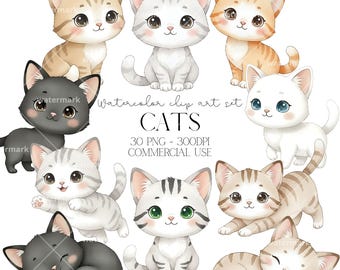 Clipart chats mignons aquarelle PNG usage commercial, chatons fête d'anniversaire de chat, baby shower, décoration de chambre d'enfant, décoration pour enfants, téléchargement immédiat