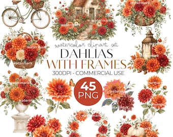 Watercolor Dahlia Clipart 45 PNG Bundle, Autumn Floral Frames & Bouquets, Commercial Use Included