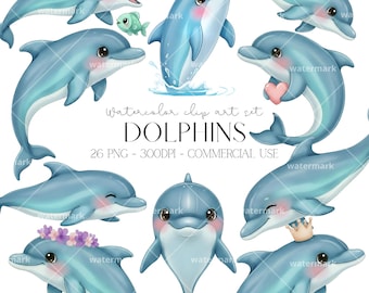Dauphins mignons Clipart aquarelle Clipart PNG Bundle Dauphin des cliparts enfants fête d'anniversaire des animaux marins des cliparts usage commercial téléchargement immédiat